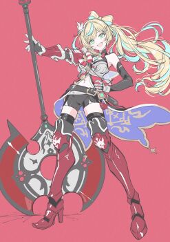 1girl aqua_hair armor axe battle_axe belt belt_buckle black_gloves black_shorts blonde_hair blush bow-shaped_hair buckle crack cracked_floor double-sided_axe gloves green_eyes hair_ornament highres holding holding_axe long_hair midriff multicolored_hair muto_(n0sug4r) nijisanji open_mouth red_background shorts single_vambrace smile solo streaked_hair tachitsute_toto tachitsute_toto_(1st_costume) vambraces virtual_youtuber weapon wing_hair_ornament