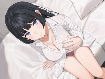 1girl absurdres arm_support bed black_hair blush breasts cleavage collarbone collared_shirt dress_shirt hand_on_own_chest highres indoors large_breasts long_hair long_sleeves looking_at_viewer mole mole_under_mouth open_clothes open_shirt original panties pillow pink_panties shirt sidelocks sitting solo sutochan thighs underwear