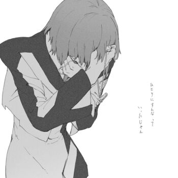 1girl alvis_uniform cropped_jacket dress greyscale holding holding_jewelry holding_necklace jewelry michi_naka monochrome necklace nishio_rina scar scar_on_hand short_hair simple_background solo soukyuu_no_fafner striped_sleeves white_background