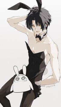 1boy absurdres animal_ears antenna_hair arm_up asaba_harumasa bangboo_(zenless_zone_zero) bare_shoulders bingzhen_h2o black_bow black_bowtie black_gloves black_hair black_leotard black_pantyhose blush bow bowtie censored collarbone commentary_request cowboy_shot crossdressing crossdressing_(mtf) dated detached_collar ear_blush earrings fake_animal_ears gloves hand_on_own_head highres jewelry leotard looking_to_the_side male_focus male_playboy_bunny novelty_censor open_mouth pantyhose parted_bangs rabbit_ears short_hair simple_background solo strapless strapless_leotard sweatdrop white_background white_wrist_cuffs wrist_cuffs yellow_eyes zenless_zone_zero