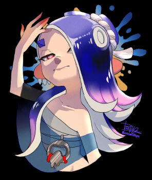 Rule 34 | 1girl, arm up, asymmetrical hair, bare shoulders, black background, blue hair, cephalopod eyes, chest sarashi, closed mouth, collarbone, colored skin, cropped torso, earrings, eyeliner, gradient hair, hachimaki, hair over one eye, headband, horizontal pupils, isamu-ki (yuuki), jewelry, long hair, looking at viewer, makeup, multicolored hair, multicolored skin, multiple earrings, nejiri hachimaki, nintendo, octarian, paint splatter, pink pupils, poncho, purple hair, red eyeliner, red eyes, red skin, sarashi, see-through clothes, shiver (splatoon), simple background, smile, solo, splatoon (series), splatoon 3, suction cups, tentacle hair, twitter username, two-tone hair, two-tone skin, upper body