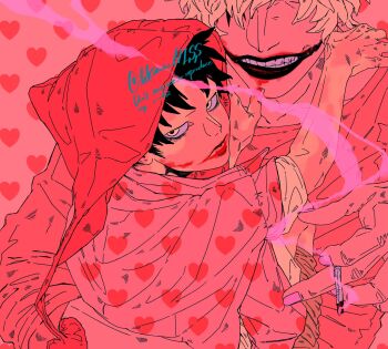 Rule 34 | 2boys, black hair, blonde hair, carrying, carrying person, commentary request, donquixote rocinante, facepaint, hat, heart, heart print, highres, jurokutya, lipstick, looking back, makeup, male focus, multiple boys, one piece, patterned background, pink theme, red hat, red lips, smeared lipstick, smoking, trafalgar law, yellow eyes