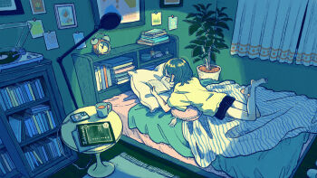 1girl alarm_clock aqua_hair barefoot black_shorts blanket book bookshelf cellphone clock coffee_mug commentary_request cool_colored cup curtains feet_up full_body highres holding holding_book indoors lamp lying mug night nightstand on_bed on_stomach open_book original phone phonograph picture_frame pile_of_books pillow plant port_(portzzz) potted_plant procreate_(medium) reading shirt short_hair short_shorts short_sleeves shorts slice_of_life smartphone solo vinyl_record white_shirt