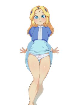 1girl blonde_hair blue_dress blue_eyes blush chromodomo clothes_lift clothes_writing dress english_text highres loli maria_robotnik panties pantyshot scar scar_on_face scar_on_forehead skirt skirt_lift sonic_(series) sonic_adventure_2 sonic_omens underwear white_panties