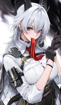 1girl adjusting_clothes adjusting_gloves arm_pouch black_choker black_gloves black_horns black_jacket black_pants black_tail breasts button_gap chest_harness choker closed_mouth cowboy_shot curled_horns earrings gloves hair_between_eyes harness high-waist_pants highres horns jacket jacket_on_shoulders jewelry key_earrings large_breasts light_smile long_hair looking_at_viewer mouth_hold necktie pants pouch re0n red_eyes red_necktie shirt shirt_tucked_in solo tail white_hair white_shirt wuthering_waves zani_(wuthering_waves)