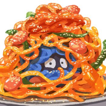 commentary_request food gen_1_pokemon highres in_food meatball miclot nintendo no_humans parmesan_cheese pasta plate pokemon pokemon_(creature) simple_background tangela white_background