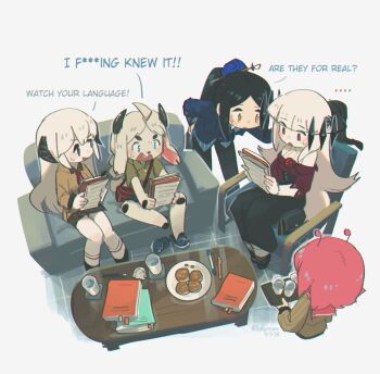 5girls ahoge alternate_costume alternate_universe animal_ears black_eyes black_hair colored_skin contemporary cookie couch english_text food formal_clothes furry furry_female goat_ears goat_girl goat_horns goddess_of_war_(porforever) halo highres horns leaning_forward long_hair multiple_girls original pant_suit pants pencil pink_hair plaid_clothes plaid_skirt porforever profanity reading red_eyes script skirt suit sunset_(porforever) table white_hair white_skin yellow_eyes