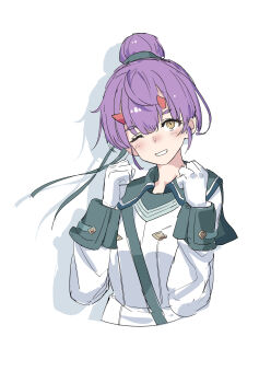 1girl absurdres arms_up clenched_hand fiona_(xenoblade) gloves hair_bun highres horns huanxiang_huifeng one_eye_closed purple_hair simple_background single_hair_bun skin-covered_horns solo upper_body white_background white_gloves xenoblade_chronicles_(series) xenoblade_chronicles_3 yellow_eyes