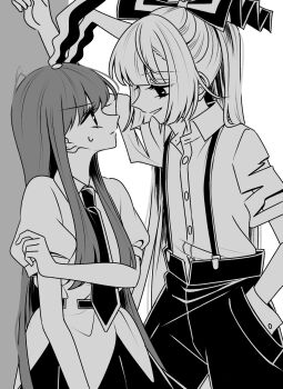 2girls animal_ears bow collared_shirt commentary eye_contact fujiwara_no_mokou greyscale hair_bow hand_in_pocket highres kabedon long_hair looking_at_another monochrome multiple_girls necktie open_mouth pants puffy_short_sleeves puffy_sleeves rabbit_ears rabbit_girl reisen_udongein_inaba shirt short_sleeves skirt smile suspenders sweatdrop tamiko_(tamik0224) torn_clothes torn_sleeves touhou very_long_hair yuri