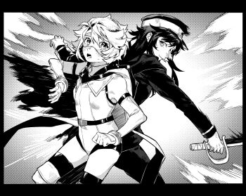 2girls blush boots chinese_commentary commentary elbow_gloves eye_mask from_side gloves greyscale hat highres holding holding_sword holding_weapon hood hood_down jacket jiguang_haibao leotard long_sleeves looking_at_viewer mask monochrome multiple_girls official_alternate_costume pants short_hair shy_(character) shy_(series) sweatdrop sword thighhighs weapon