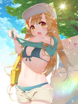 10s 1girl aqua_bikini aqua_shirt bag baseball_cap bikini blouse blue_bikini blue_bow blue_shirt blue_sky blush bow box breasts brown_eyes clothes_lift cloud cloudy_sky cowboy_shot day female_focus hat hataraku_saibou highres lifting_own_clothes light_brown_hair looking_at_viewer navel open_mouth outdoors platelet_(hataraku_saibou) shirt shirt_lift short_shorts shorts sideboob sky small_breasts solo swimsuit tree tree_shade waterring