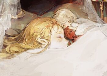 2girls absurdres aged_down ahoge bao_shi blanket blonde_hair brown_hair close-up closed_eyes closed_mouth commentary_request dungeon_meshi falin_touden falin_touden_(chimera) highres lying marcille_donato multiple_girls on_side pointy_ears quilt sleeping white_wings wings