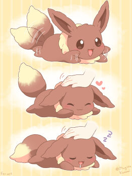 1other :3 :d artist_name brown_eyes closed_eyes closed_mouth commentary_request disembodied_hand drooling eevee gen_1_pokemon headpat heart highres motion_lines mugita_konomi nintendo open_mouth pokemon pokemon_(creature) sleeping smile striped_background yellow_background zzz