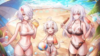3girls :d absurdres ahoge ball bandage_over_one_eye bandaged_leg bandages bare_shoulders beach beach_umbrella beachball belt berenica_(duet_night_abyss) bikini black_bikini black_thighhighs bow bowtie breasts brown_belt brown_bow brown_bowtie brown_eyes chinese_commentary cleavage closed_mouth collarbone commentary_request cooler cowboy_shot cup disposable_cup drinking_straw duet_night_abyss food fruit hair_between_eyes highres holding holding_ball holding_beachball holding_cup holding_food holding_fruit holding_popsicle holding_watermelon horns large_breasts long_hair looking_at_viewer multiple_girls navel ocean one-piece_swimsuit open_mouth palm_leaf parted_lips phoxhunter_(duet_night_abyss) pointy_ears popsicle red_eyes short_hair sidelocks skin-covered_horns small_breasts smile snow_(duet_night_abyss) standing standing_on_one_leg stomach swimsuit tail the_girl_in_the_dream_(duet_night_abyss) thick_eyebrows thighhighs umbrella watermelon watermelon_slice wet white_bikini white_hair white_one-piece_swimsuit ziteng_yue