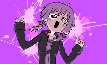 Rule 34 | 1girl, :d, ahoge, akazhima, black jacket, commentary request, dress, hair ornament, hands up, highres, jacket, long hair, low twintails, odayaka (style), open clothes, open jacket, open mouth, pukey goddess shot trick, purple background, purple dress, purple hair, smile, solo, splatter background, twintails, vocaloid, voiceroid, yuzuki yukari