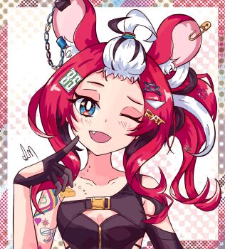 1girl :d ;d animal_ear_fluff animal_ear_piercing animal_ears aqua_eyes arm_tattoo bangs_pinned_back bare_shoulders black_gloves black_hair blush bright_pupils chain collarbone commentary ddrawins english_commentary eyelashes fang finger_to_cheek gloves hair_ornament hakos_baelz hakos_baelz_(casual) highres hololive hololive_english mouse_ears mouse_girl multicolored_hair number_hair_ornament official_alternate_costume official_alternate_hairstyle one_eye_closed open_mouth portrait red_hair side_ponytail signature smile solo star_(symbol) star_hair_ornament tattoo triangle_hair_ornament virtual_youtuber white_background white_hair white_pupils