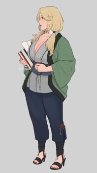 Rule 34 | 1girl, blonde hair, book, breasts, brown eyes, cleavage, commentary, english commentary, expressionless, full body, green haori, haori, high heels, highres, holding, holding book, holding scroll, huge breasts, japanese clothes, kankuroplease, looking at viewer, low twintails, nail polish, naruto (series), naruto shippuuden, obi, red lips, red nails, sash, scroll, signature, solo, toenail polish, toenails, tsunade (naruto), twintails