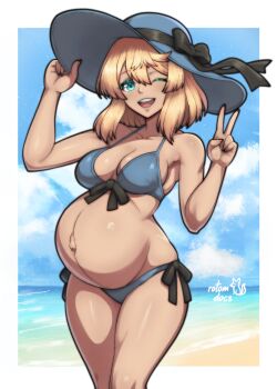 1girl ;d absurdres artist_name beach bikini blonde_hair blue_bikini blue_hat blue_sky breasts bridget_(guilty_gear) cloud commentary commission cowboy_shot english_commentary front-tie_bikini_top front-tie_top genderswap genderswap_(mtf) green_eyes guilty_gear guilty_gear_strive hair_between_eyes hand_on_headwear hands_up hat highres ko-fi_commission light_blush medium_breasts nail_polish navel one_eye_closed open_mouth pregnant rotomdocs side-tie_bikini_bottom sidelocks signature sky smile solo stomach sun_hat swimsuit teeth upper_teeth_only v wide_brim