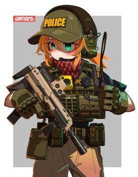 Rule 34 | 1girl, absurdres, bandana, baseball cap, black shirt, blue eyes, blush, border, brown gloves, brown pants, closed mouth, commentary request, cowboy shot, ear protection, freckles, gloves, green hat, grey background, gun, h&amp;k mp7, hair between eyes, hat, headset, highres, holding, holding gun, holding weapon, iwasawayuki, orange hair, original, pants, police, ponytail, shirt, short sleeves, solo, submachine gun, trigger discipline, weapon, white border
