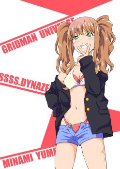 1girl bikini blush breasts brown_hair commentary_request green_eyes gridman_universe highres jacket long_hair long_sleeves minami_yume open_mouth road-579 scar scar_on_leg school_uniform shorts smile solo ssss.dynazenon swimsuit twintails v