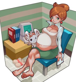 1girl barefoot breasts cleavage computer crossed_legs earrings female_focus full_body green_eyes hellbrain highres jewelry lab_coat large_breasts medium_hair navel nintendo pokemon pokemon_bw pregnant professor_juniper ring sitting skindentation skirt solo updo