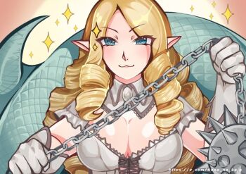 1girl :3 anastasia_(mon-musu_quest!) anna_no_kojo blonde_hair blue_eyes blush bra breasts cleavage commentary commission cross-laced_bra drill_hair english_commentary flail gloves holding holding_flail holding_weapon lamia large_breasts long_hair mon-musu_quest! monster_girl pointy_ears quad_drills scales shrug_(clothing) simple_background snake_tail sparkle tail twitter_username underwear weapon white_bra white_gloves white_shrug