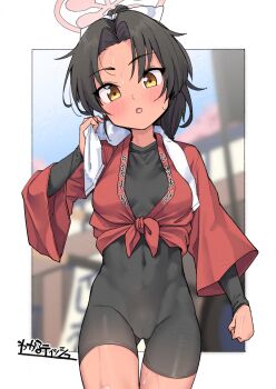 Rule 34 | 1girl, :o, adversarial noise, artist name, black bodysuit, black hair, blue archive, blurry, blurry background, blush, bodysuit, border, breasts, covered navel, hair ribbon, halo, hand up, happi, high ponytail, highres, jacket, japanese clothes, kanabun, long sleeves, looking at viewer, medium breasts, medium hair, open mouth, outdoors, outside border, parted bangs, ponytail, red halo, red happi, red jacket, ribbon, rickshaw student (blue archive), short ponytail, solo, standing, sweat, tan, thigh gap, tied jacket, towel, towel around neck, variant set, white border, white ribbon, wide sleeves, yellow eyes