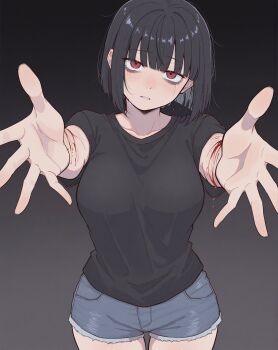 1girl bags_under_eyes black_hair black_shirt blood blunt_bangs breasts collarbone commentary cowboy_shot crying cutoffs denim denim_shorts depressed english_commentary gradient_background grey_background hair_intakes head_tilt highres implied_self-harm injury large_breasts looking_at_viewer medium_hair open_hands original outstretched_arms parted_lips raliele_(raliele_(terenazal)) raliele_(terenazal) reaching reaching_towards_viewer red_eyes shirt short_shorts short_sleeves shorts solo straight-on tears
