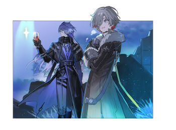 2boys alcohol arm_up belt black_belt black_capelet black_coat blue_eyes border capelet coat commentary_request cup drinking_glass flins_(genshin_impact) floating_hair genshin_impact gradient_hair grey_hair hayama_eishi holding holding_cup illuga_(genshin_impact) long_hair long_sleeves male_focus multicolored_hair multiple_boys outdoors parted_bangs parted_hair short_hair sleeve_cuffs standing white_border wine wine_glass