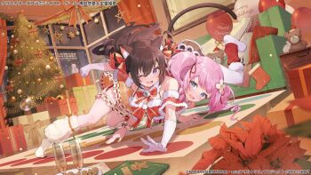 2girls ;d all_fours animal_ear_fluff animal_ears arm_up assault_lily balloon bare_shoulders bear_position bell black_hair blue_eyes bow bowtie box breasts brown_skirt building cabinet cat_ears cat_girl cat_tail champagne_flute christmas christmas_ornaments christmas_tree clenched_hand collar commentary_request cookie copyright_notice couch crop_top cup detached_sleeves drinking_glass elbow_gloves floating_hair flower food frilled_skirt frilled_thigh_strap frills fur-trimmed_shirt fur-trimmed_sleeves fur_collar fur_trim gift gift_box gingerbread_man girl_on_top glint gloves hair_between_eyes hair_flower hair_ornament hair_ribbon halter_shirt halterneck indoors jewelry jingle_bell kemonomimi_mode leg_up leg_warmers light_particles long_hair looking_at_another looking_to_the_side mat medium_breasts merry_christmas mini_snowman miniskirt multiple_girls neck_bell night no_shoes official_alternate_costume official_art on_floor one_eye_closed open_mouth pantyhose picture_frame pink_hair plaid_clothes plaid_skirt playing_games purple_eyes red_bow red_bowtie red_leg_warmers red_ribbon red_shirt ribbon ring sadamori_himeka santa_costume see-through_clothes see-through_sleeves shiohana shirt short_sleeves sideways_glance skirt smile snowing socks spread_legs stuffed_animal stuffed_toy tail teddy_bear thigh_strap twintails twister two_side_up white_collar white_flower white_gloves white_leg_warmers white_pantyhose white_socks window yokota_haruna