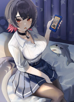 1girl bed black_choker black_hair black_pantyhose blue_skirt blush breasts candy cellphone choker collarbone collared_shirt colored_inner_hair curtains ellen_joe fins fish_tail food hair_ornament highres holding holding_phone indoors large_breasts lollipop lollipop_in_mouth long_sleeves looking_at_viewer mole mole_under_eye multicolored_hair on_bed open_mouth pantyhose phone pleated_skirt red_eyes red_hair setta_shu shark_girl shark_tail shirt short_hair sitting skirt smartphone solo star_(symbol) stuffed_animal stuffed_shark stuffed_toy tail two-tone_hair white_shirt zenless_zone_zero