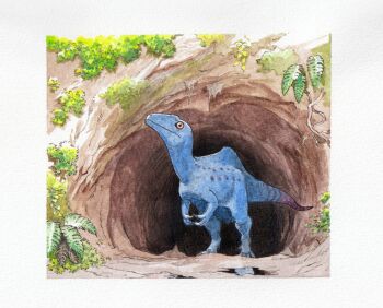 altispinax animal_focus black_eyes bush cave closed_mouth colored_sclera commentary dinosaur fern highres no_humans orange_sclera original painting_(medium) paleoart puddle solo theropod traditional_media user_haug8323 watercolor_(medium)