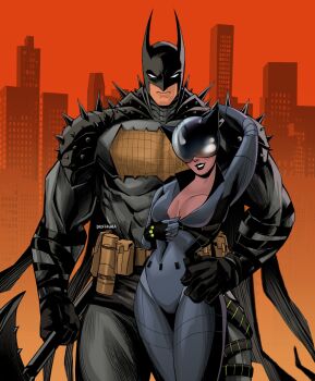 1boy 1girl absolute_batman absolute_dc artist_name back_spikes bat_mask batman batman_(series) batman_symbol bodysuit catwoman commentary couple cowl dc_comics droffagner english_commentary highres signature superhero_costume tall_male twitter_username