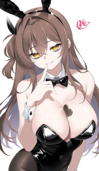 Rule 34 | 1girl, animal ear hairband, animal ears, bare shoulders, black bow, black bowtie, black hairband, black leotard, black pantyhose, bow, bowtie, breasts, brown hair, candy, chinese commentary, chocolate, chocolate heart, cleavage, collar, commentary request, detached collar, fake animal ears, finger to mouth, food, food between breasts, hair between eyes, hairband, hand up, heart, heart-shaped food, highleg, highleg leotard, highres, large breasts, leotard, long hair, looking at viewer, mole, mole on breast, original, pantyhose, parted lips, playboy bunny, rabbit ears, strapless, strapless leotard, umou (may65879), upper body, very long hair, white background, white collar, white wrist cuffs, wrist cuffs, yellow eyes