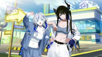 2girls :d ahoge aokumo_rin arm_on_another&#039;s_shoulder arm_up asymmetrical_horns belt bilingual_commentary black_belt black_choker black_hair blue_eyes blue_hair blue_sky breasts choker colored_inner_hair commentary copyright_name cropped_shirt day english_commentary eyewear_hang flower grey_hair grey_jacket grey_pants grey_sports_bra grin hair_intakes hair_ornament hairclip hand_on_own_hip heart heart_hair_ornament heart_o-ring highres hololive hololive_english horn_flower horns jacket korean_commentary large_breasts looking_at_viewer low_twintails medium_breasts midriff mixed-language_commentary mole mole_under_eye multicolored_hair multiple_girls navel nerissa_ravencroft o-ring o-ring_choker official_art open_mouth outdoors pants planetzer_0 shirt sidelocks sky smile sports_bra stellive streaked_hair twintails uneven_horns unworn_eyewear virtual_youtuber white_jacket white_pants white_shirt x_hair_ornament
