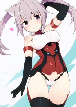 1girl animal_ear_fluff animal_ears arm_behind_head arm_strap arm_up ascot black_eyes black_gloves black_thighhighs blush breasts cameltoe cat_ears cat_girl closed_mouth collar commentary_request cowboy_shot detached_collar elbow_gloves frame_arms_girl gloves grey_hair grin groin highleg highleg_leotard innocentia ko_pot-au-feu large_breasts leotard long_hair looking_at_viewer multicolored_eyes purple_eyes red_ascot red_leotard sideboob smile solo split_mouth thighhighs twintails two-tone_eyes white_collar