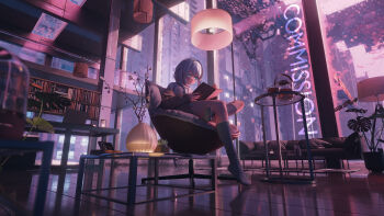 1girl absurdres black_socks blue_eyes book bookshelf building chair city closed_mouth commission couch cup english_text highres holding holding_book hood hoodie indoors jacket kneehighs lamp long_sleeves mr_ito no_shoes on_chair open_book original plant potted_plant reading reflection reflective_floor scenery shelf short_hair sitting socks solo table tree vase white_hair wide_shot window