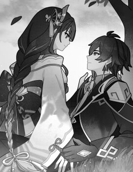 1boy 1girl antenna_hair back_bow bow braid chinese_clothes chinese_commentary cloud cloudy_sky couple fan_hair_ornament feizhoudaqiuzhangperper formal_clothes from_side genshin_impact gloves hair_ornament hair_ribbon hand_in_another's_hair highres japanese_clothes kimono long_braid long_hair long_sleeves looking_at_another looking_down looking_up low_ponytail mole mole_under_eye monochrome ponytail raiden_shogun ribbon single_braid sky suit tree wide_sleeves zhongli_(genshin_impact)