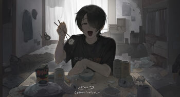1boy absurdres beer_can black_eyes black_hair black_shirt bowl can chopsticks commission curtains drink_can food hair_over_one_eye highres holding holding_chopsticks indoors k_hottok looking_at_viewer male_focus messy_room one_eye_covered open_mouth original plate shirt short_hair short_sleeves smile solo t-shirt table trash_bag trash_can window