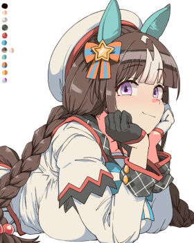 1girl animal_ears asymmetrical_gloves beret blush braid breast_press closed_mouth ear_covers gloves hair_ornament half_gloves hat head_rest hokko_tarumae_(star_light_ship)_(umamusume) hokko_tarumae_(umamusume) horse_ears horse_girl horse_tail long_braid long_hair long_sleeves looking_at_viewer low_twin_braids lying mismatched_gloves on_stomach purple_eyes shirt simple_background smile solo star_(symbol) star_hair_ornament tail toriga_naku twin_braids umamusume white_background white_hat white_shirt