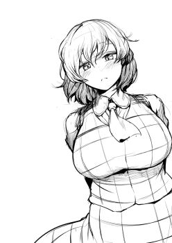 Rule 34 | 1girl, ascot, blush, breasts, closed mouth, collared shirt, commentary request, gingham skirt, gingham vest (clothing), greyscale, kazami yuuka, large breasts, leaning to the side, looking at viewer, monochrome, sadahiro (chicken nugget gyuuniku aji), shirt, short hair, simple background, skirt, skirt set, solo, touhou, upper body