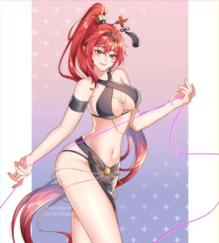 1girl absurdres alternate_costume arm_strap bare_legs bare_shoulders black_hairband breasts circle_facial_mark cleavage commentary cowboy_shot criss-cross_straps flower_hairpin from_side groin hair_between_eyes hair_ornament hairband hairpin high_ponytail highres holding holding_string large_breasts long_hair looking_at_viewer navel nebula_horion pelvic_curtain ponytail purple_eyes red_hair smile solo stomach string tassel thighs very_long_hair wuthering_waves yinlin_(wuthering_waves) yomorio_lingerie