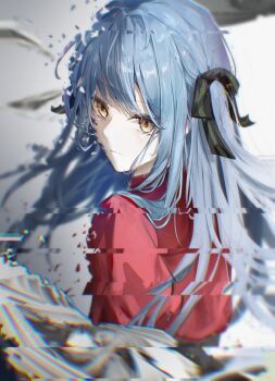 1girl absurdres bang_dream! bang_dream!_it&#039;s_mygo!!!!! black_ribbon blue_hair chromatic_aberration commentary_request dissolving glitch hair_ribbon highres liuyunnnn long_hair looking_at_viewer oblivionis_(bang_dream!) red_shirt ribbon shirt sidelocks solo togawa_sakiko upper_body yellow_eyes