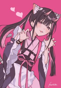 Rule 34 | 1boy, :p, animal ear fluff, animal ears, black hair, black horns, blunt bangs, bow, cat ears, cho kaguya-hime!, commentary request, crossdressing, crossdressing (mtf), detached sleeves, gradient horns, heart, highres, horns, japanese clothes, kimono, komazawa noi, kurosu tama, looking at viewer, male focus, multicolored hair, multicolored horns, paw pose, pink background, pink bow, pink eyes, pink hair, pink horns, pink kimono, pink nails, solo, streaked hair, tail, tongue, tongue out, twintails
