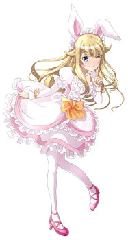 Rule 34 | 1girl, ;), animal ears, blonde hair, blue eyes, boots, bow, collarbone, dress, fake animal ears, female focus, floating hair, frilled hairband, frills, full body, hairband, high heel boots, high heels, highres, leaning forward, long hair, one eye closed, orange bow, orange ribbon, pantyhose, pink boots, pink hairband, princess (princess principal), princess principal, rabbit ears, ribbon, simple background, smile, solo, standing, taniguchi gou, very long hair, white background, white dress, white pantyhose, wrist ribbon