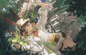 1girl absurdres amiya_(arknights) animal_ears arknights blue_eyes brown_hair bug butterfly chino_(user_zdyd2447) creature grass hat highres horns insect jacket long_hair plant skull