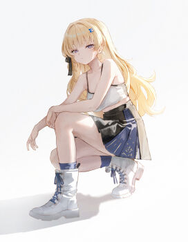 Rule 34 | 1girl, alternate breast size (larger), alternate costume, bare shoulders, boots, breasts, closed mouth, collarbone, commentary, crop top, ddcc0123, english commentary, full body, greyscale, hair ornament, highres, large breasts, light blush, long hair, looking at viewer, monochrome, phoebe (wuthering waves), simple background, sketch, skirt, solo, squatting, white background, wuthering waves, x hair ornament