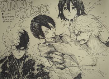 Rule 34 | agni (fire punch), ate5424, belt, blood, blood on face, bubble, burn scar, burning, chainsaw man, collared shirt, copyright name, creator connection, crossover, denji (chainsaw man), english text, fingernails, fire punch, fish, hair between eyes, highres, long sleeves, medium hair, nayuta (chainsaw man), ningyo rhapsody, open mouth, scar, scared, scowl, shirt, shirtless, short hair, shueisha, sleeves past elbows, sweatdrop, tongue, toshihide (ningyo rhapsody), water, white background, yogen no nayuta