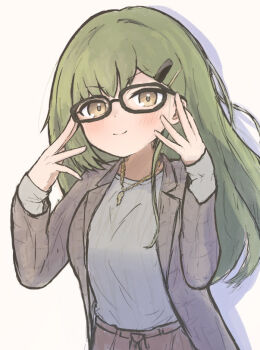 &gt;:) 1girl adjusting_eyewear bespectacled black-framed_eyewear blush breasts brown_eyes closed_mouth coat commentary_request glasses green_hair grey_coat grey_sweater hair_ornament hairclip jewelry large_breasts link!_like!_love_live! long_hair long_sleeves looking_at_viewer love_live! necklace official_alternate_costume ogami_sachi ogami_sachi_(post-graduation) open_clothes open_coat parallel_hairclips plaid_clothes plaid_coat simple_background smile solo split_mouth sweater tokusa_(sachi_biglove) upper_body v-shaped_eyebrows white_background