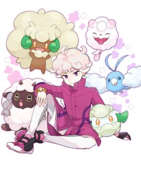 1boy ahoge arm_support bede_(pokemon) blonde_hair closed_mouth coat commentary_request cottonee curly_hair gen_3_pokemon gen_5_pokemon gen_6_pokemon gen_8_pokemon gloves leggings looking_at_viewer male_focus nintendo partially_fingerless_gloves pokemon pokemon_(creature) pokemon_swsh popped_collar purple_coat purple_eyes purple_footwear satori_(sa_bird08) shoes shorts single_glove sitting spread_legs swablu swirlix watch whimsicott white_background white_legwear white_shorts wooloo wristwatch